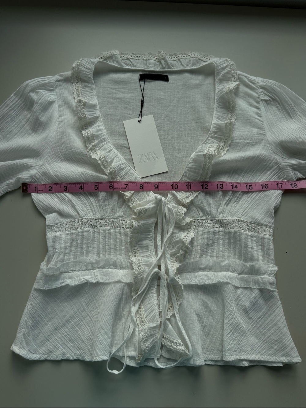 NWT Zara Chiffon Embroidered Ruffle Shirt Oyster White M - Picture 7 of 10